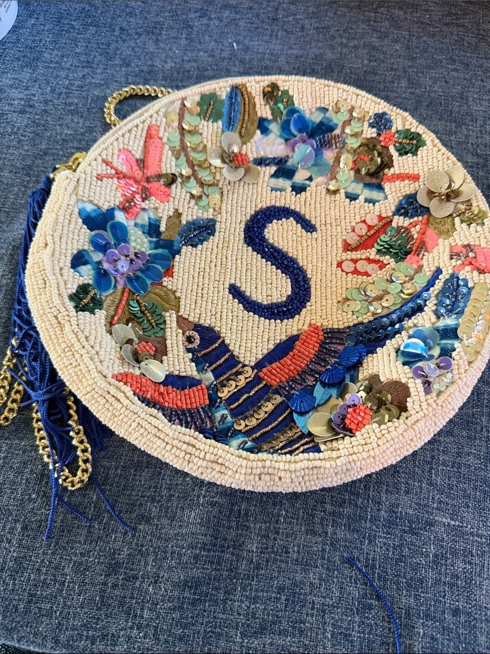 Anna Harlow Russo Anthropologie Beaded Round Crossbody Bag “S” NWOT  Gold strap
